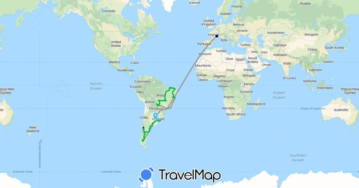 TravelMap itinerary: driving, bus, plane, boat in Argentina, Brazil, France, Uruguay (Europe, South America)